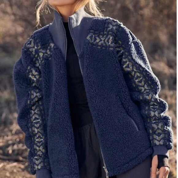 Free People Movement Navy Blue Snowy Peaks Sherpa sweatshirt NWOT JB - Picture 1 of 6